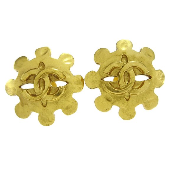CHANEL CC Logos Flower Motif Earrings Gold-plated Clip-On - Picture 1 of 6
